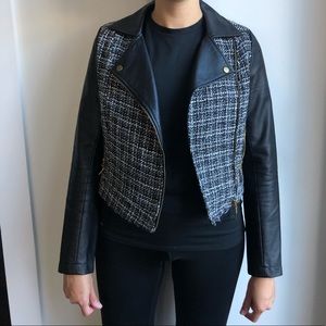 Woven tweed style moto biker jacket